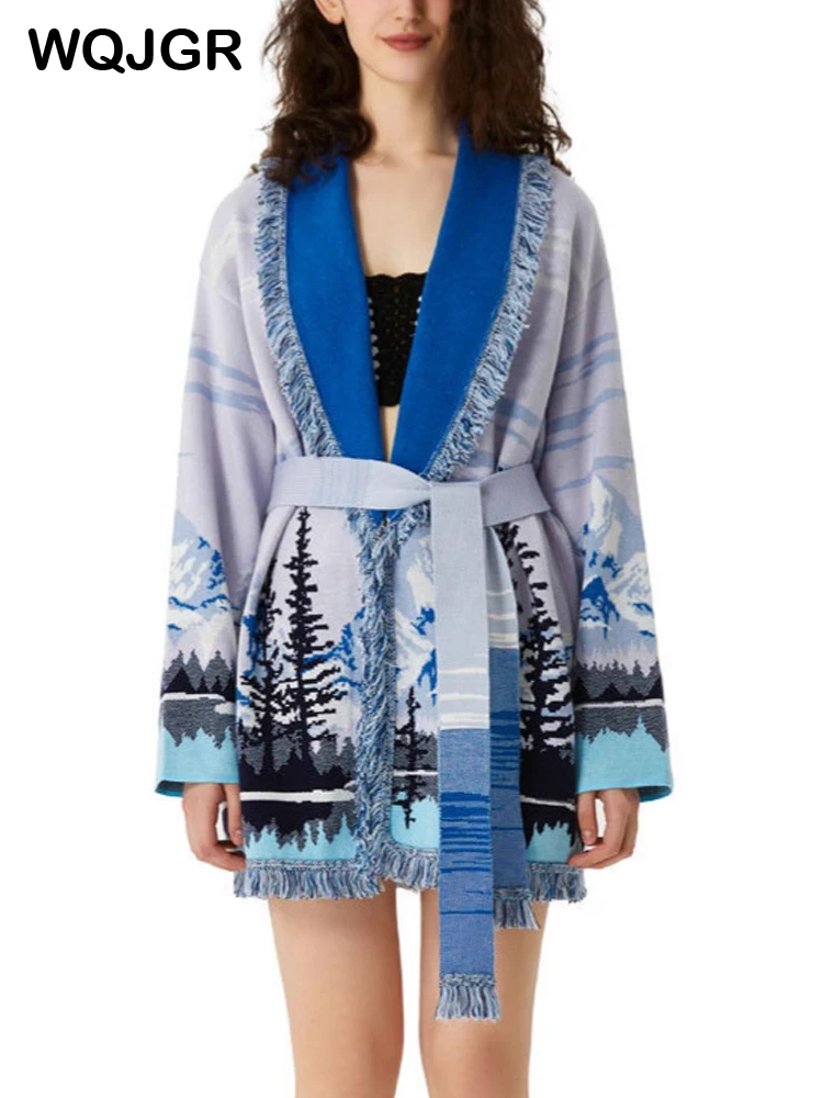 

WQJGR Jacquard Cardigan Sweater Women Wool Cashmere Kniited Tassel Loose Full Sleeve Fashion Autumn Winter