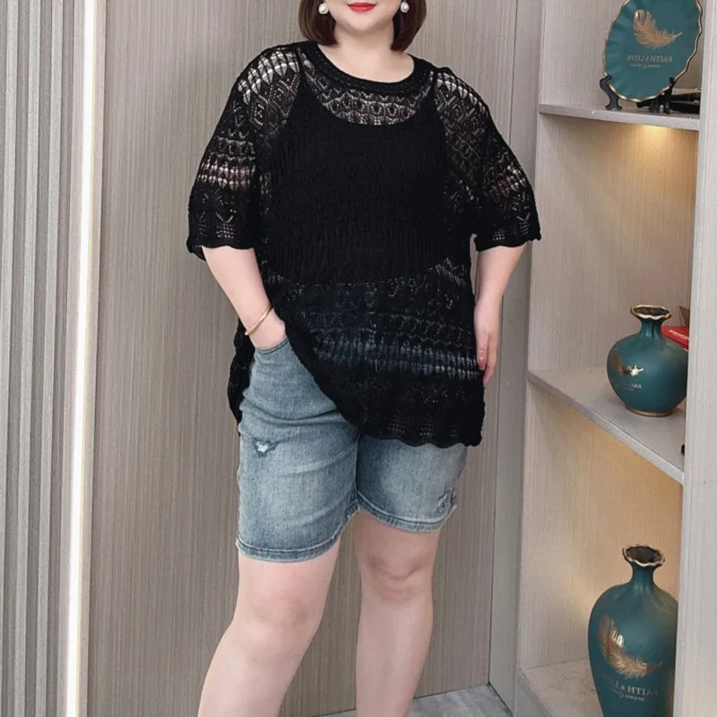 Ice Silk Hollow Knit Women Tees Summer New Plus Size Loose Casual Short Sleeve T-shirt