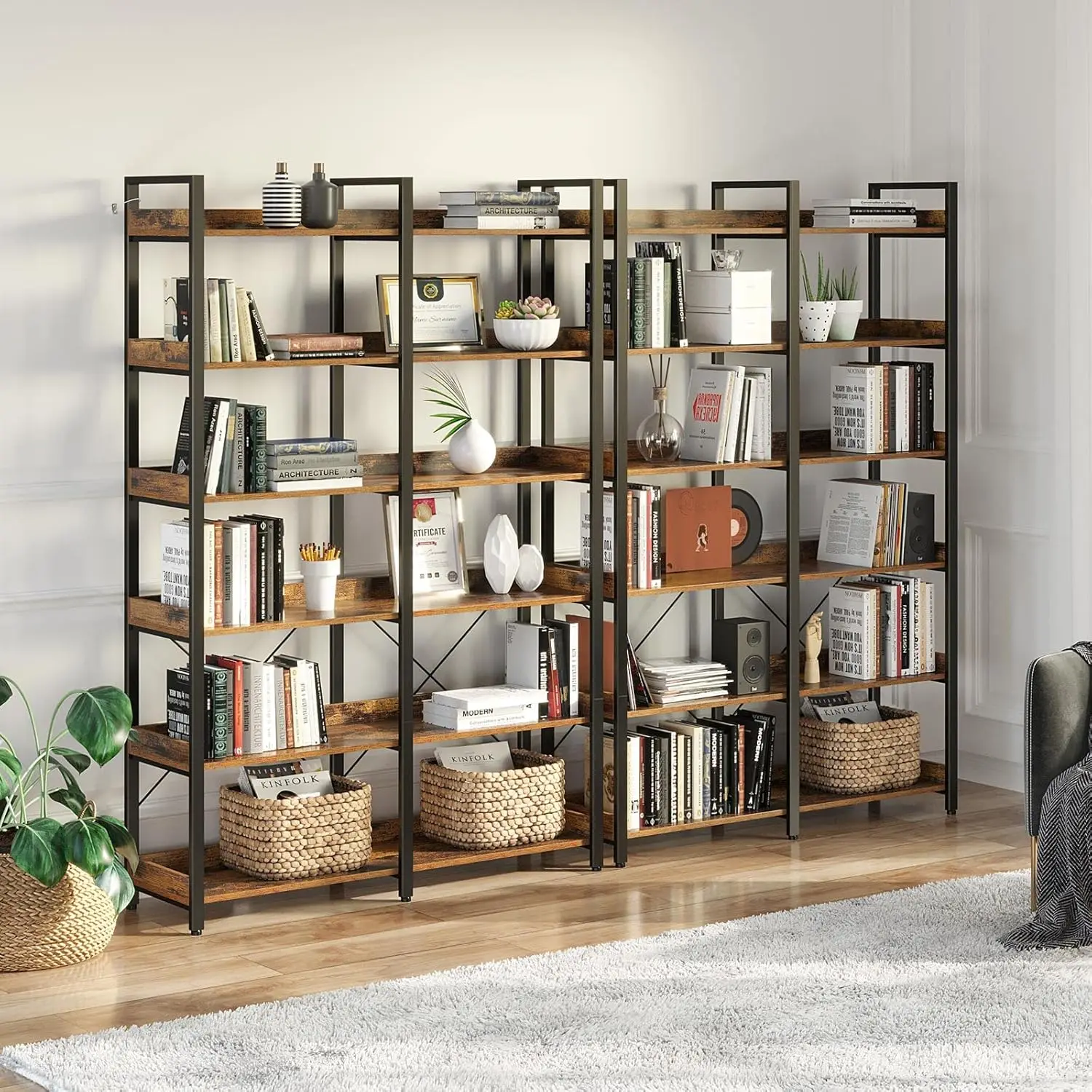 Bookshelf 6 Tier with 4 Hooks, 69” Industrial Wooden Bookcase, Vintage Storage Rack with Open Shelves, Rustic Standing