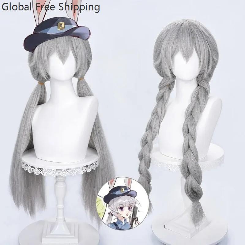 

Anime Cosplay Rabbit Officer Wig Silver-white Long Hair Synthetic Wig Fluffy Texture Character Costume Double Ponytail Accessory