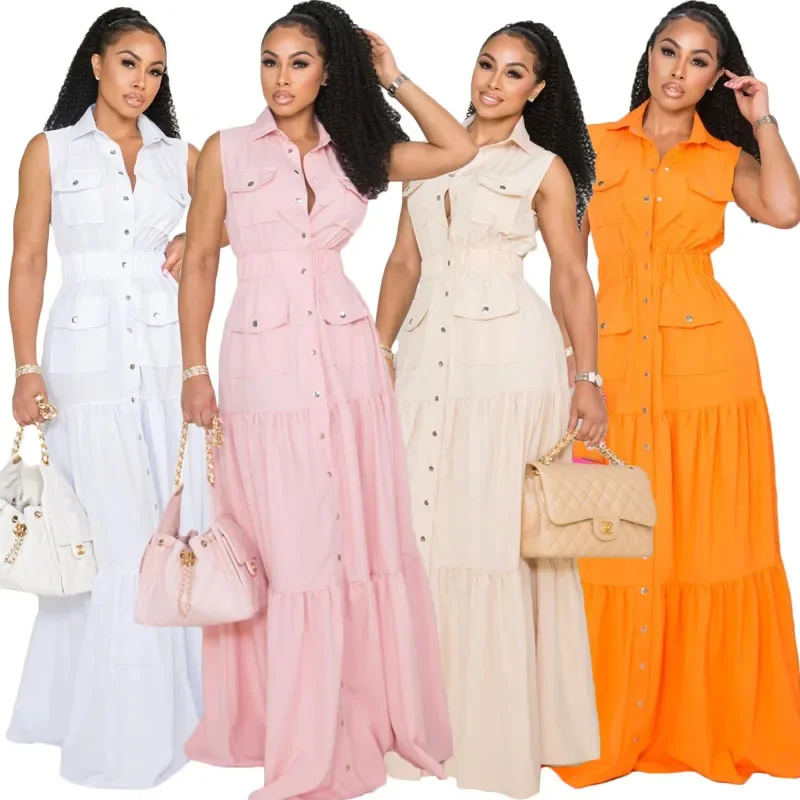 Summer Fashion Collar Single Breasted Women Elastic Waist Large Swing Dress Simple Solid Color Female Casual Long Dresses
