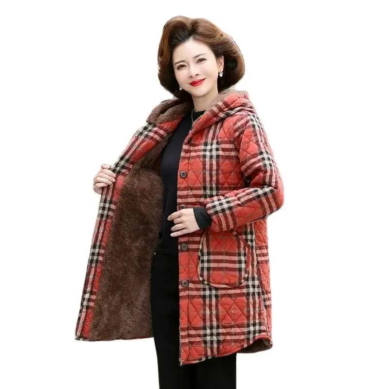 Autumn Winter Mid-Long Cotton Coat Women 2023 New Fashion Thicken Fleece Warm Jacket Hooded Square Collar Outerwear Female