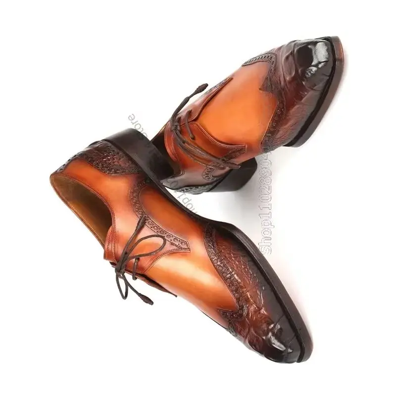 

Brown Gradient Color Crocodile Fretwork Men Derby Shoes Fashion Lace Up Men Shoes Luxury Handcraft Party Banquet Men Dress Shoes