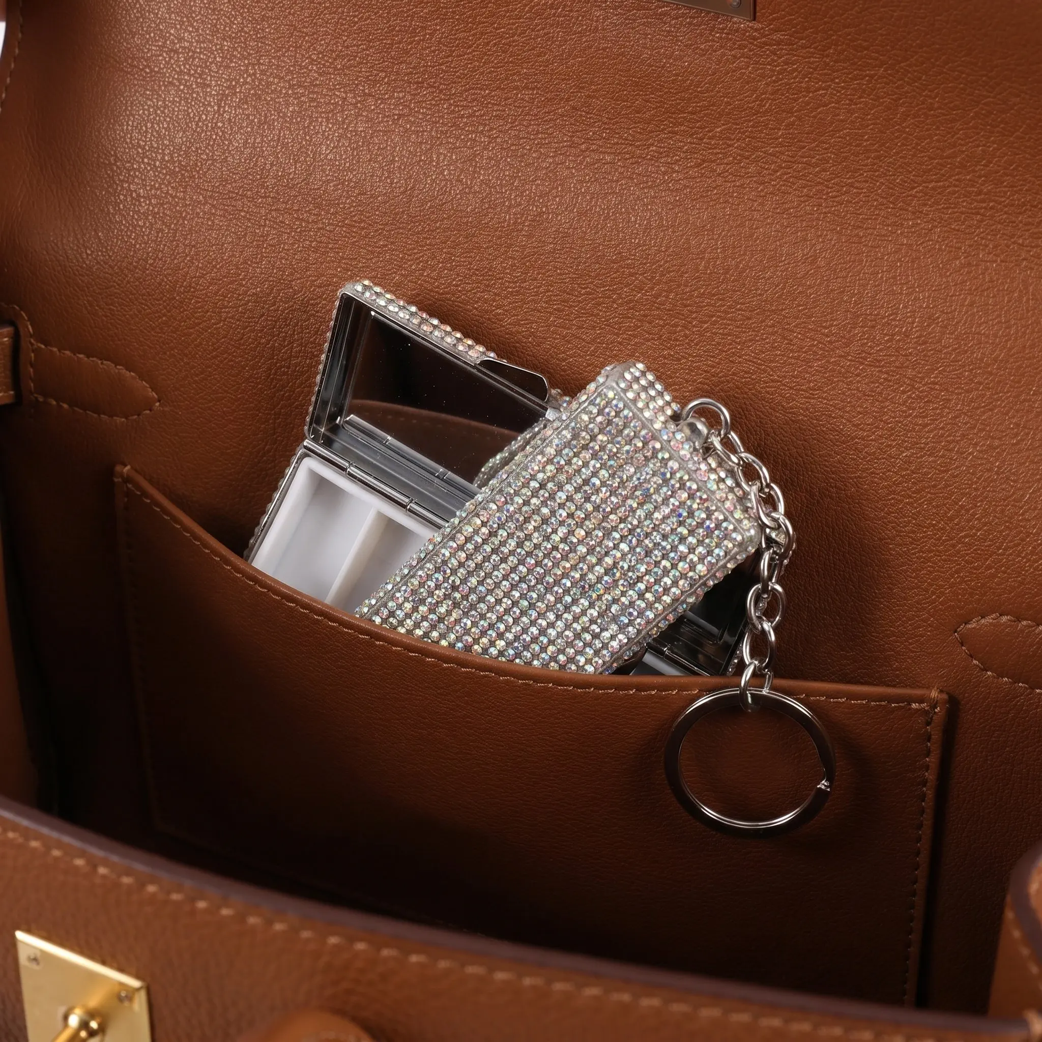 6 Compartment Portable Pill Organizer Aluminum Alloy Bling Rhinestone Waterproof Keychain Medicine Box for Travel Daily
