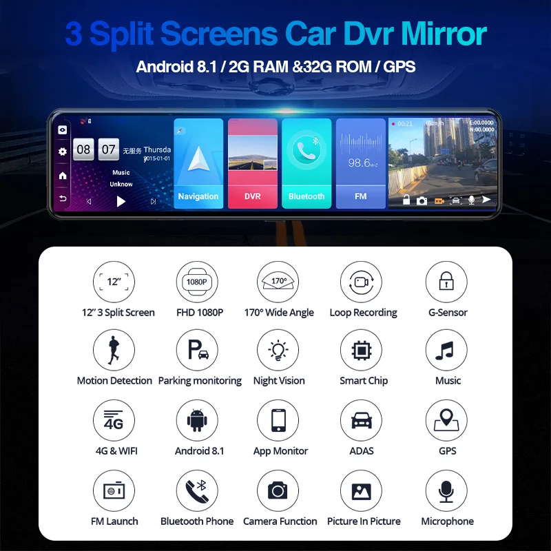 ACCEO D15 Android 8.1&4G System Car DVR 3 Split Screen Car Dvr Mirror HD 1080P Video Recording Support GPS ADAS 24 Hours Monitor