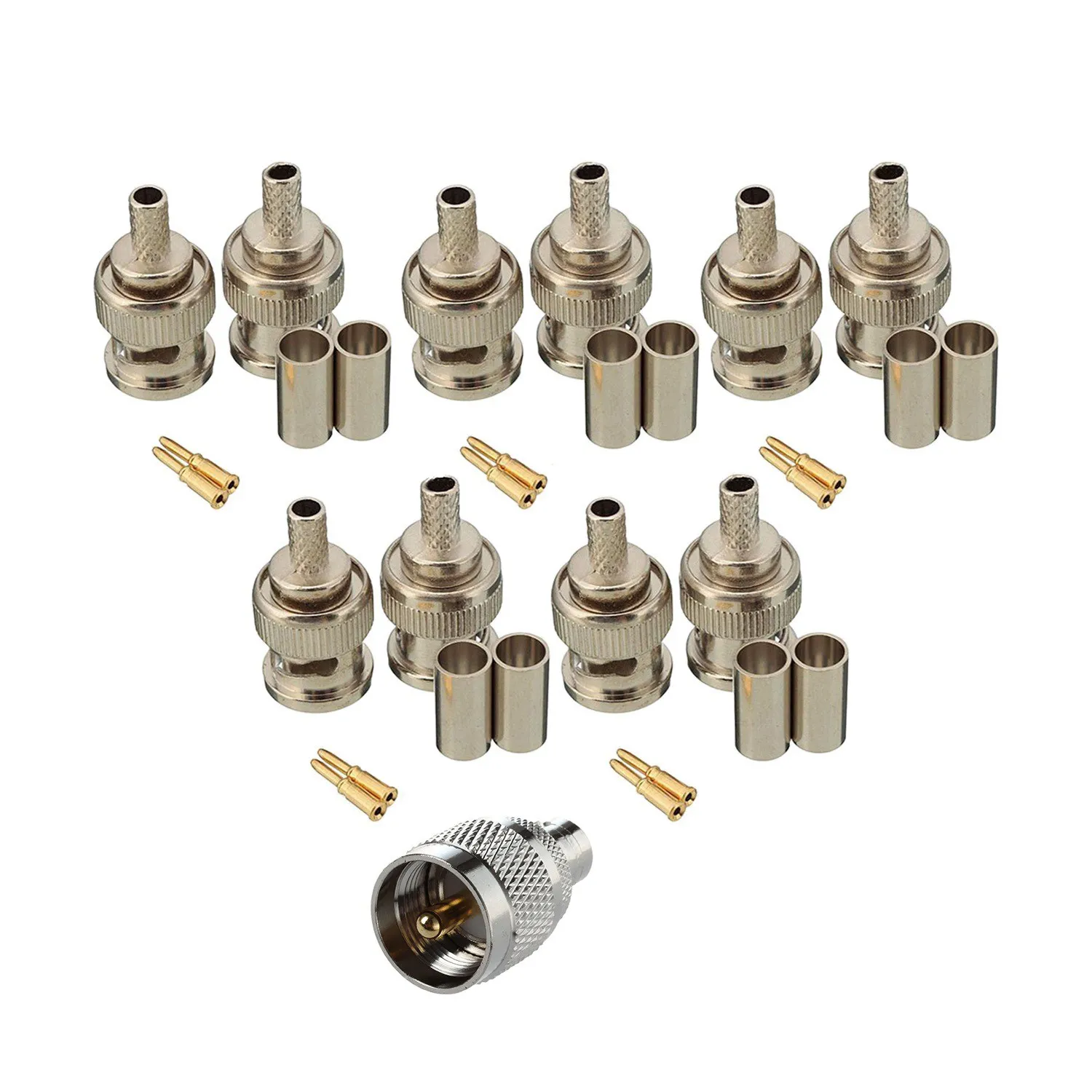 

5 Pcs Accessories: 3Pcs BNC Male RG58 Plug Crimp Connectors & 2Pcs RF Coaxial Coax Adapter BNC Female to UHF Male PL259