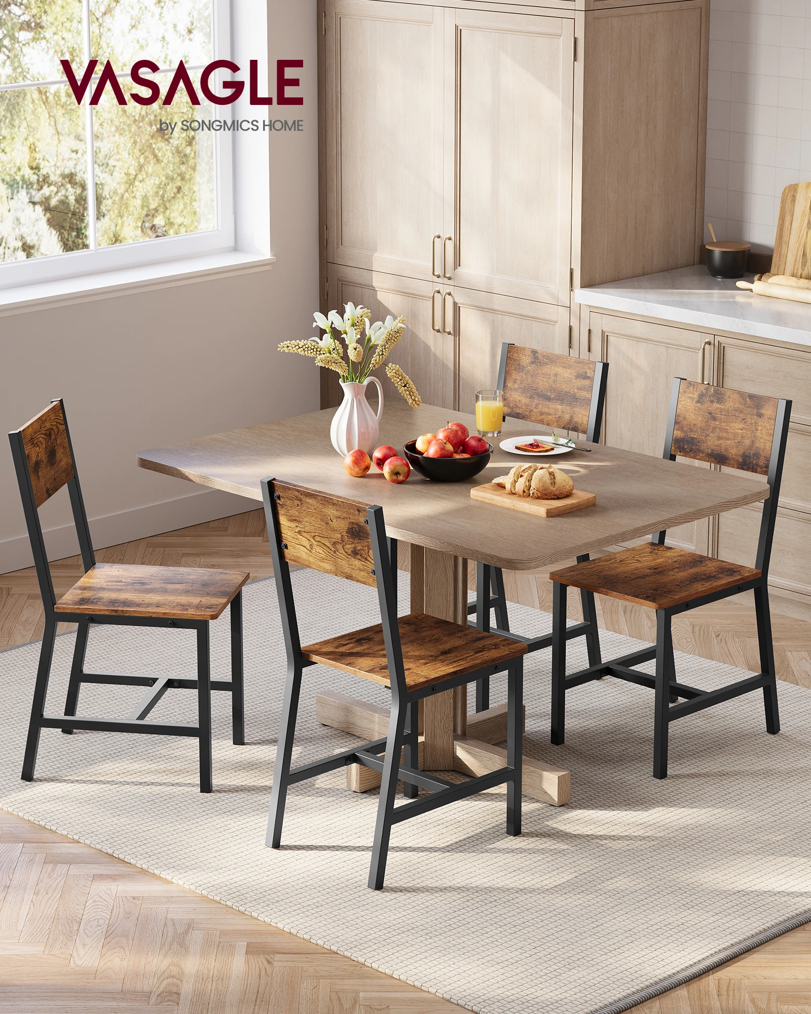 Chaise Salle à Manger Lot de 4, Cadre en Acier, Style Industriel,  Marron Rustique et Noir d'encre