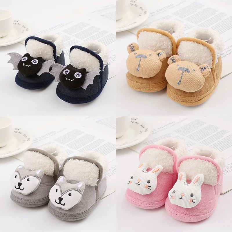 Winter Warm Newborn Baby Snow Boots Plush Booties Infant Girls Boys 3D Cartoon Bear Anti-Slip Soft Bottom Toddler Walking Shoes