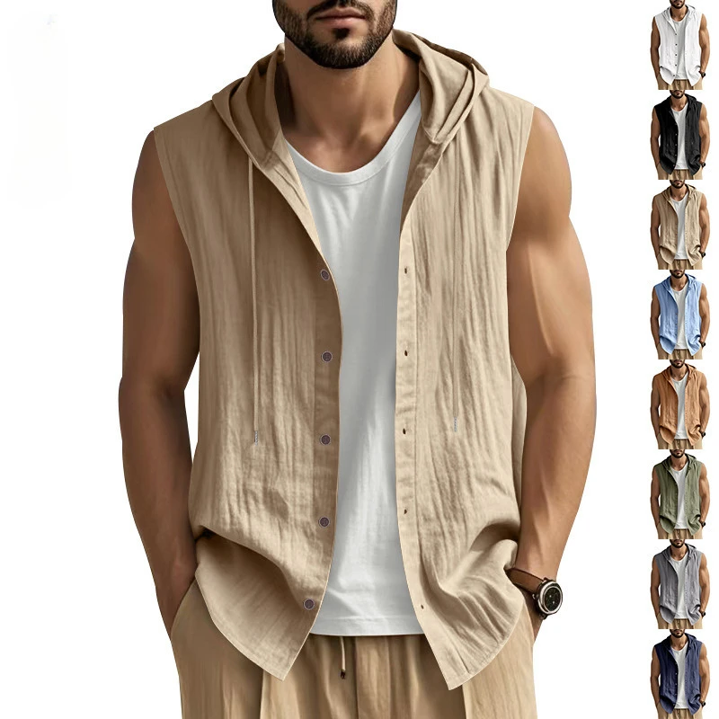 

Summer Linen Men's Casual Sleeveless Shirt Vest Hooded Solid Color Loose Shirt Men Hoodie