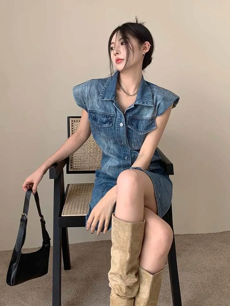 2022 The Newest Fashion Wear Take Fashion Women Vintage Polo-neck Sleeveless Denim Blue Dress Party Cocktail Short Mini Dress