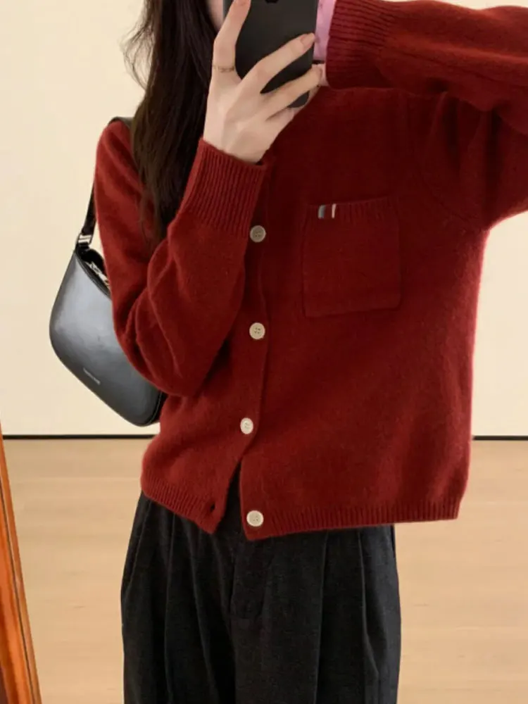 Confortável malha Cisas Aosphere Ano Novo Vermelho Longo Sve redondo Ne Cardigan de botão único Lazy Sle Top Feminino Fa...