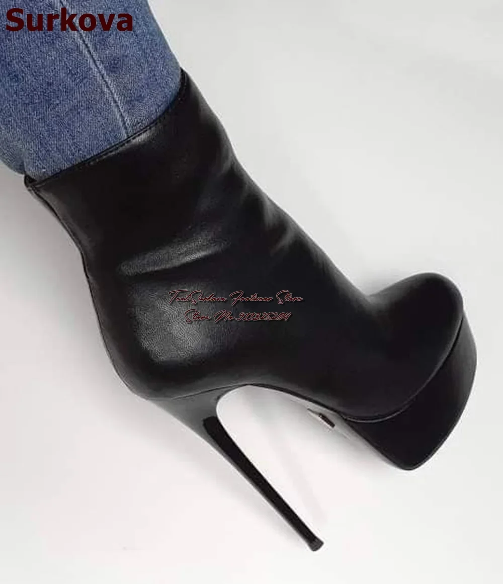 Surkova Red Black Matte Leather Ankle Boots Thin High Heel Platform Motorcycle Boots Zipped Fall Winter Dress Shoes Size46