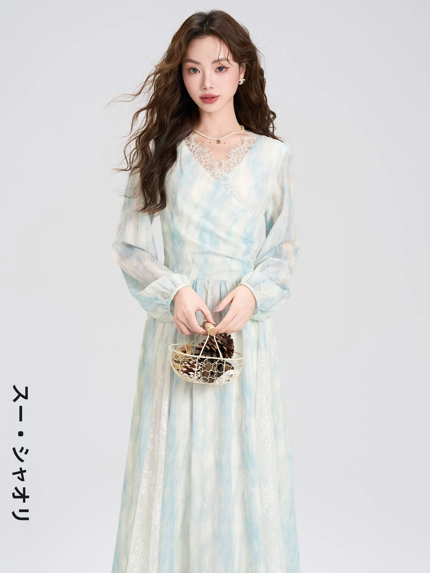 

Spring New Arrival Long Sve adient Color Waist-Cinching Dr Ele French Sle Lace Splice High Waist A-line Dr