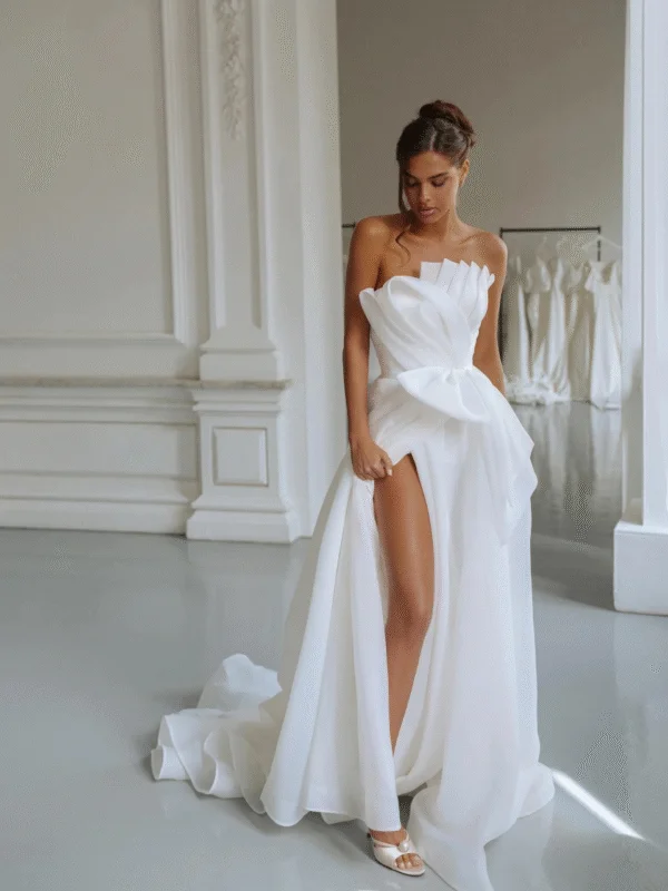 Abiti da sposa unici in organza increspata con linea A realizzati su misura 2026 Rode De Morrie