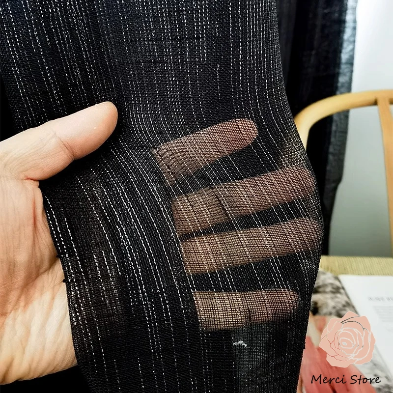 

Luxury Black Linen Sheer Curtains with Shiny Lace Blackout Drapes for Living Room Balcony Sunshade Decorative Window Panels