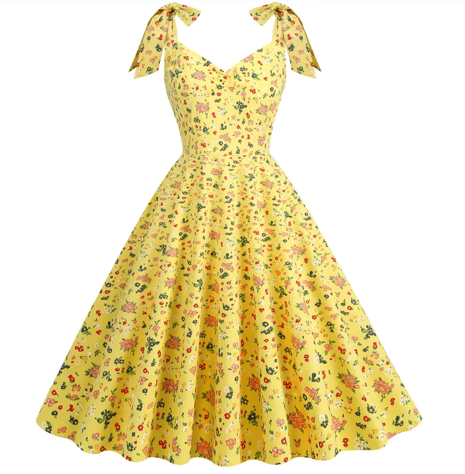 Kinder Volwassen Vintage Halter Hals Jurk 50S Audrey Retro Mouwloze Bloemen Ruches Swing Party Jurken A-Line Bruiloft Casual Midi