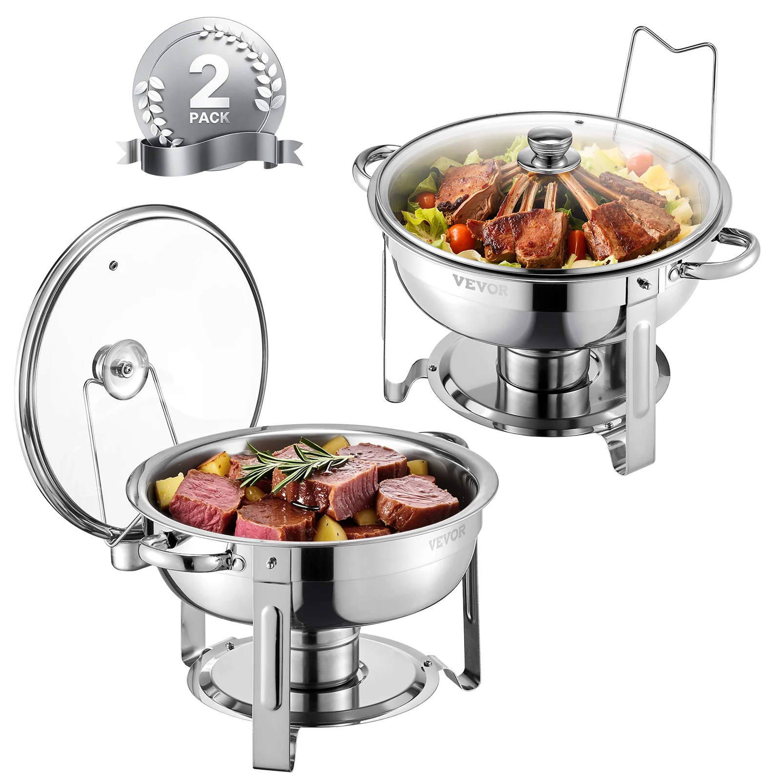 

SucceBuy 5 Qt 2 Pack Round Chafing Dish Buffet Set Stainless Steel Chafer with 2 Full Size Pan, Round Catering Warmer Server