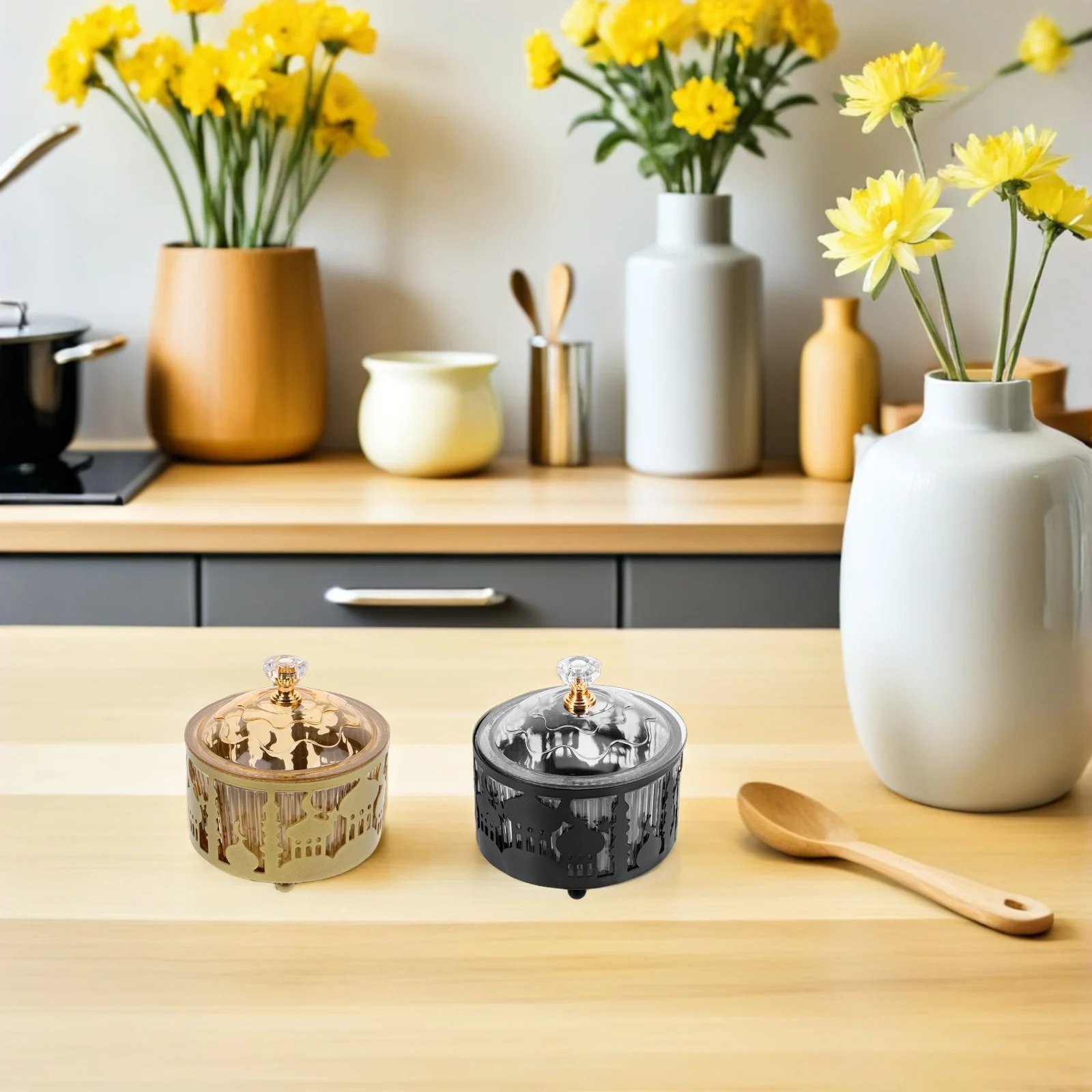 

2Pcs Eid Candy Bowl Festive Sugar Jar for Ramadan Table Centerpiece Elegant Snack Container Home Decoration Metal Plastic