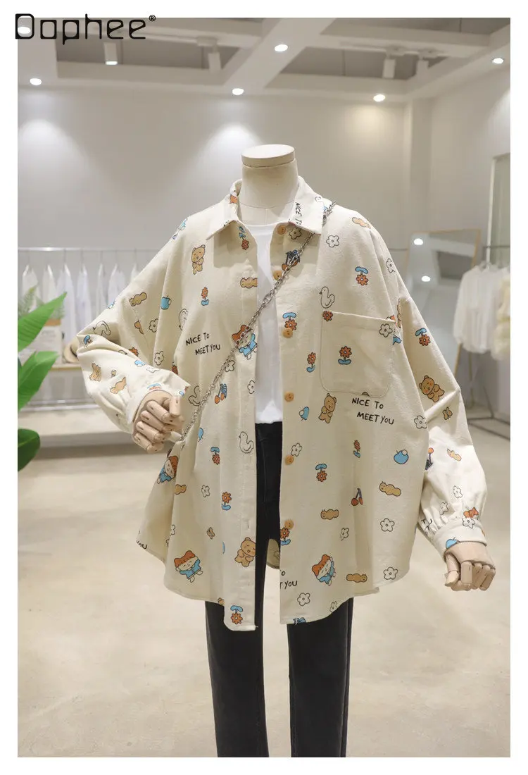 

Brushed Cotton Comfortable Cute Full Body Cartoon Printed Women's Shirt Autumn Winter Loose Mid-Length Long Sleeve Blouse Female