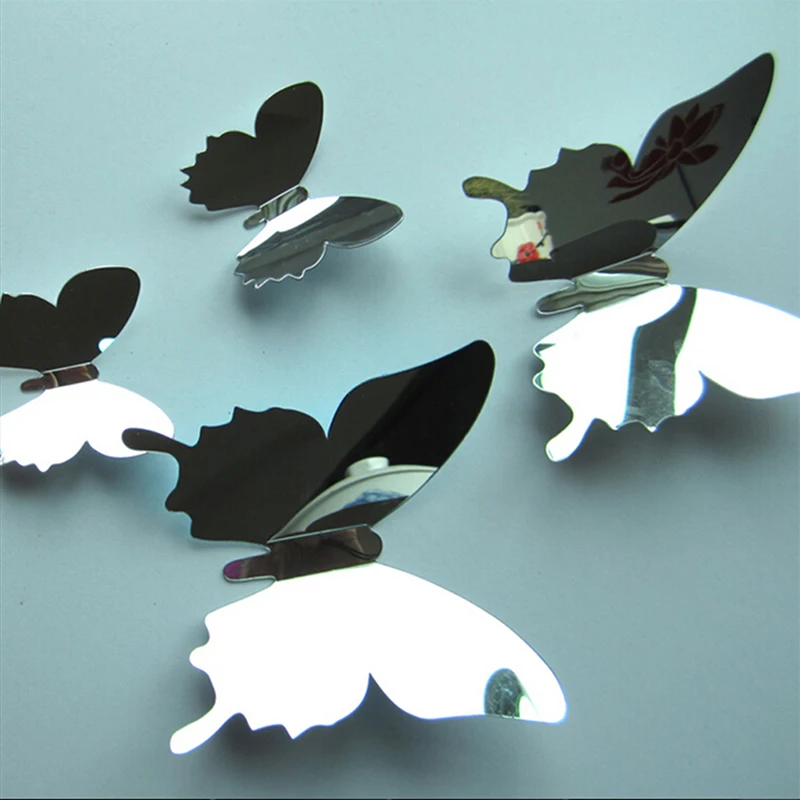 Hot Sale Silver Mirror Wall Art Wall Stickers Decal 3D Butterflies Home Decors