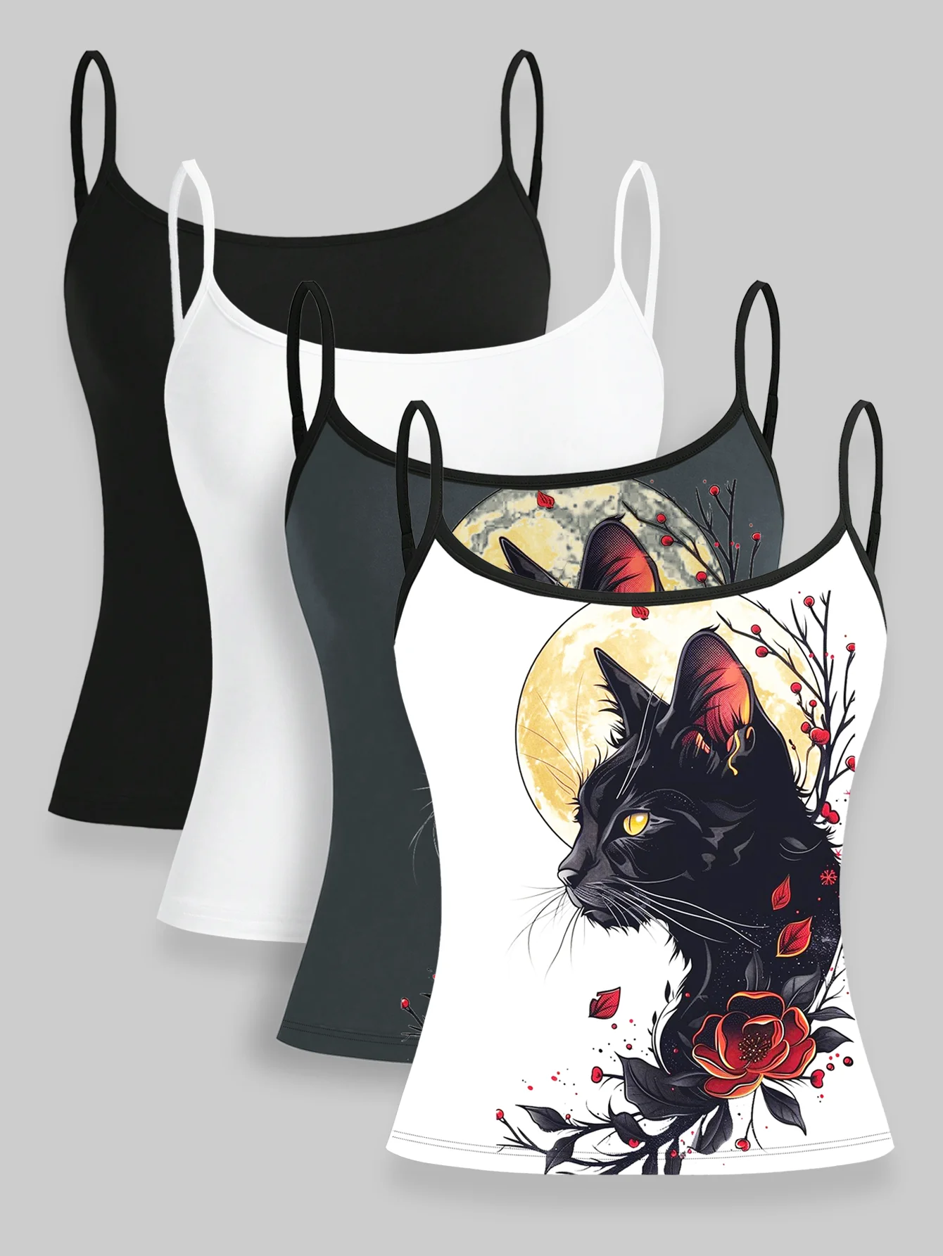

Lunar Feline Quad Set: Contrasting Cat & Moon Prints on Onyx and Ivory with Essential Noir & Snow Camisoles