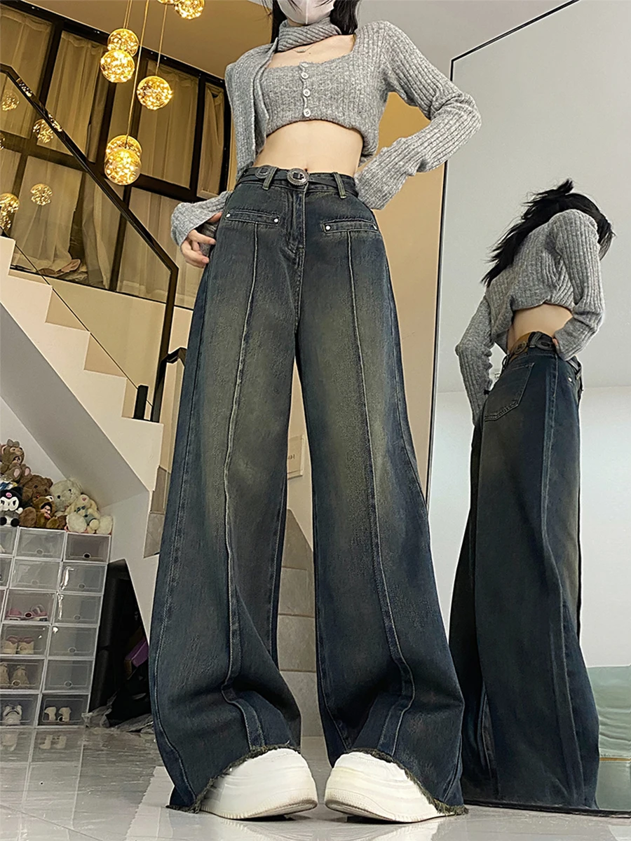 Czarne jeansy damskie plisowane denimowe Y2K moda koreańska Harajuku styl vintage boyfriend baggy luźne oversize damskie casual