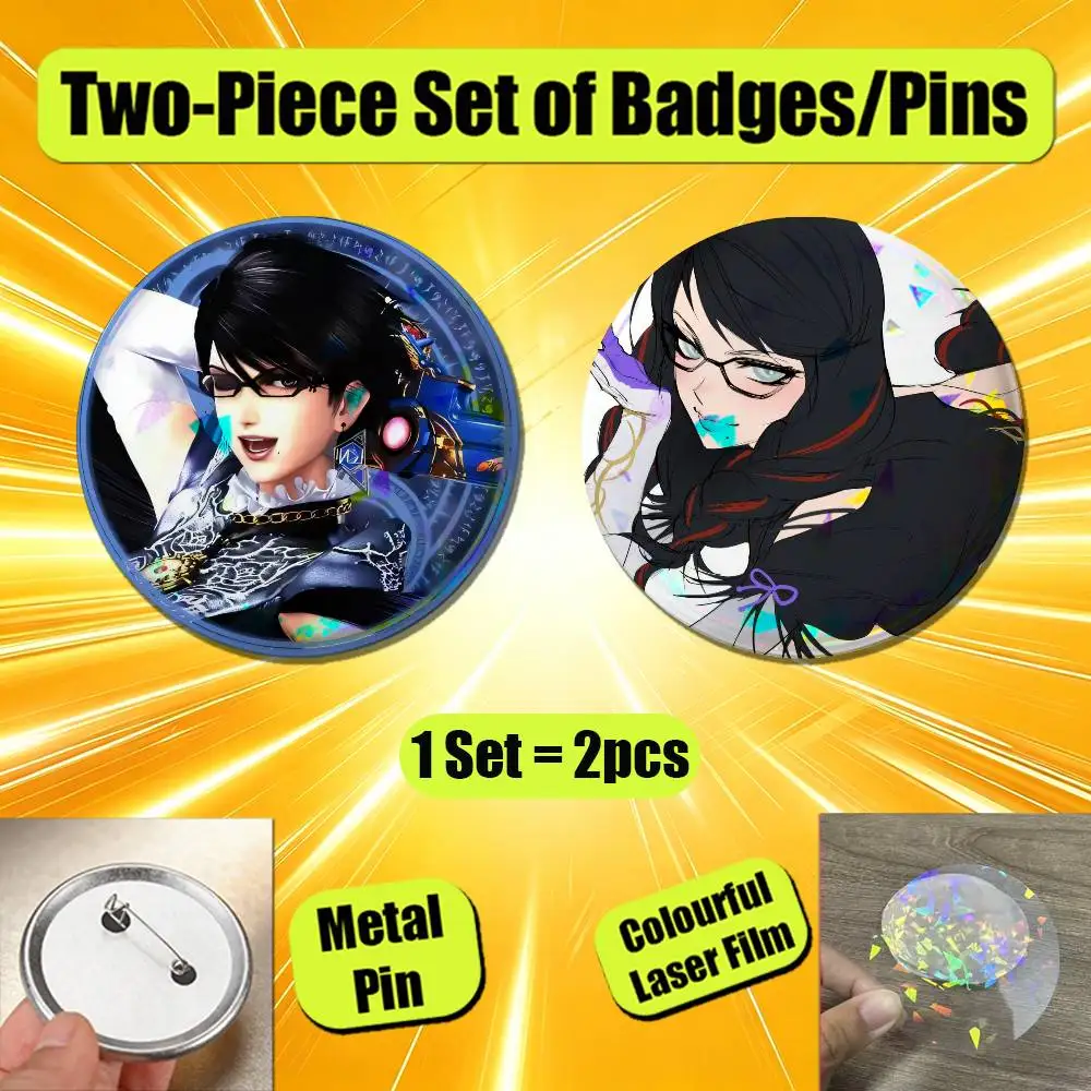 Pin Insignia 2 Pcs Set Round Button Emblem Laser Film Cosplay 25mm Custom For Bayonetta Jeanne Badge