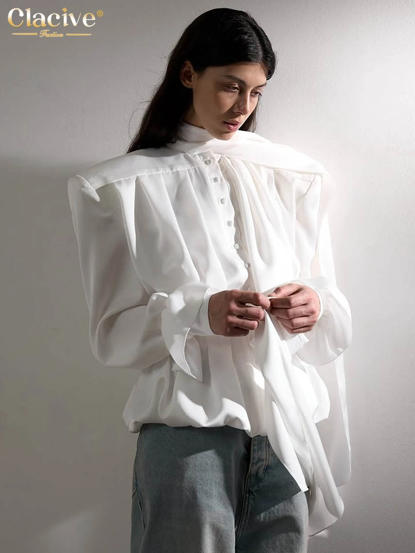 

Clacive Fashion Loose White Women Shirt 2025 Casual O-Neck Long Sleeve Shirts Elegant Classic Solid Lace-Up Top Female Clothing
