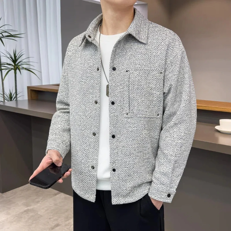 

2024 Spring Autumn Men's New Splicing Square Collar Button Printed Fashion Small Fragrant Style Loose Casual Long Sleeve Shirts