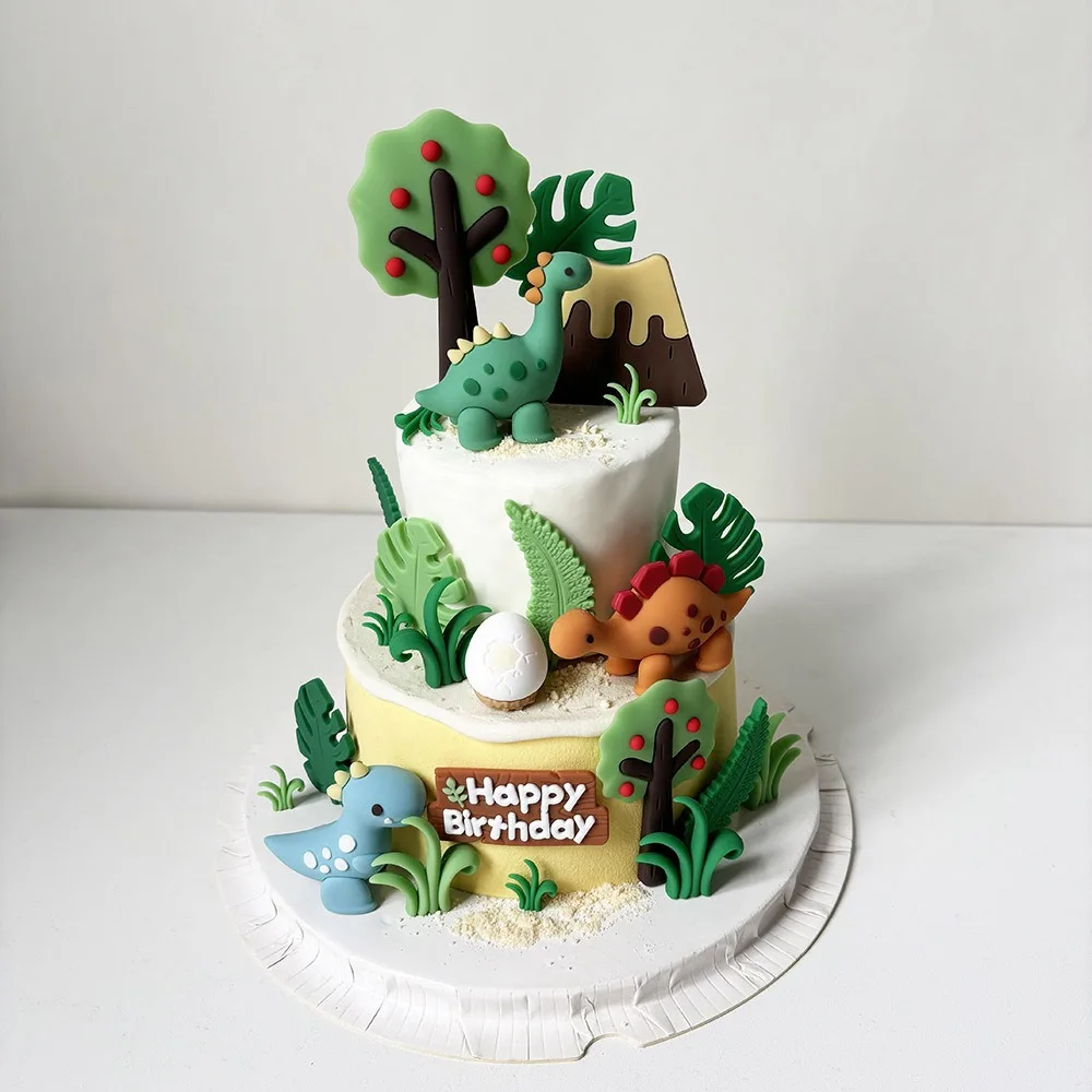 Cartoon Dinosaur Cake Decoration Jungle Safari Dino Birthday Cupcake Topper Wild Roar Baby 1 2 3 Happy Birthday Party Decor