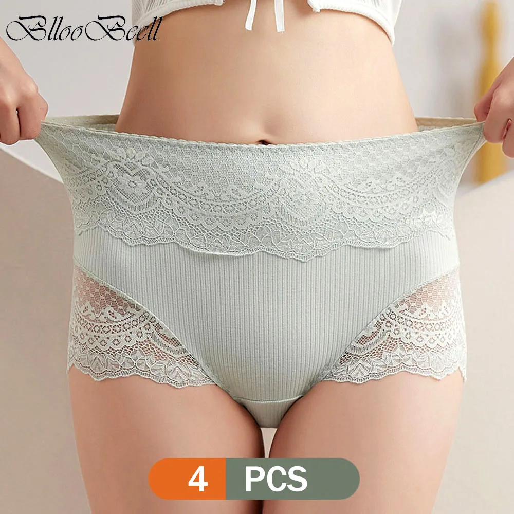 

4pcs High-Rise Women's Cotton Panties Sexy Lace Underwear Seamless Tummy Briefs Solid Color Ladies Antibacterial Triangle Shorts