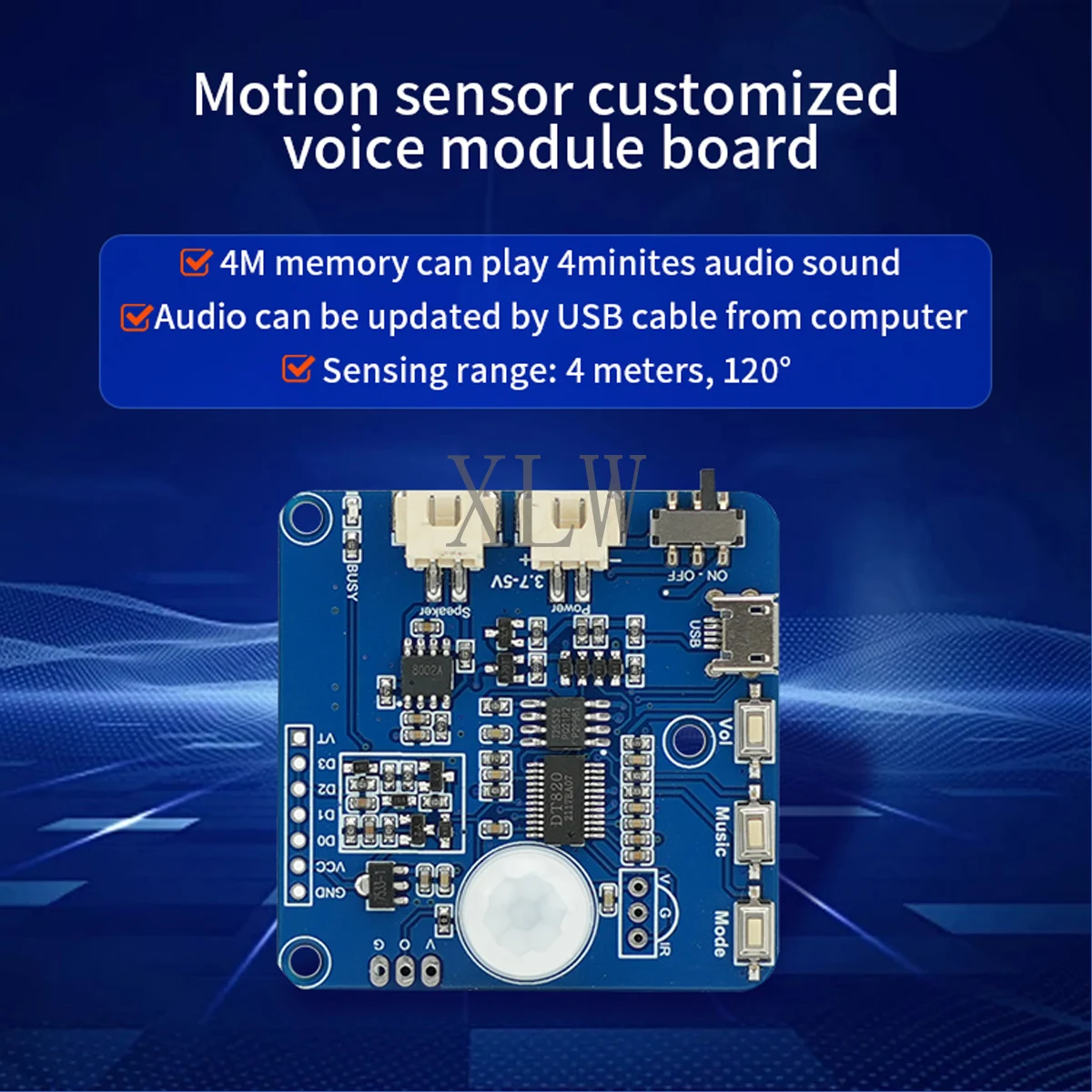 MP3 Sound Module for PIR Motion Sensor Activated Audio Player USB Download Recordable Voice Chips with Human Motion Detector