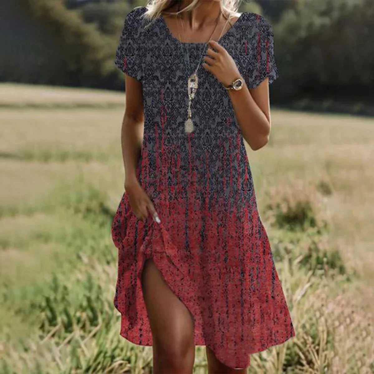 Summer Hot Sale Midi Dress Bohemian Ethnic Style Large round Neck Loose Waist Polyester Printed Straight Cut Women's Dress