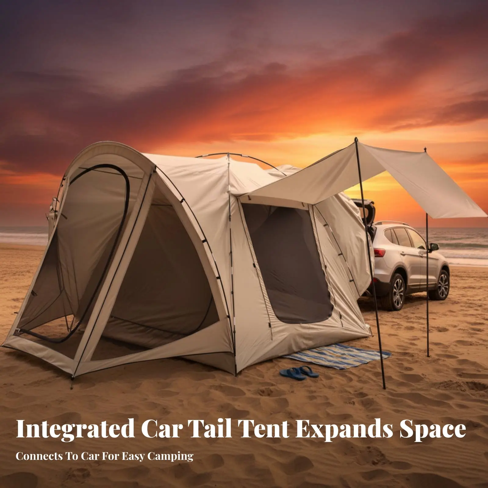 

Палатка-пристройка для кемпинга на открытом воздухе, с интегрированной сеткой, выдвижным навесом, одной спальней и гостиной, туннельного типа