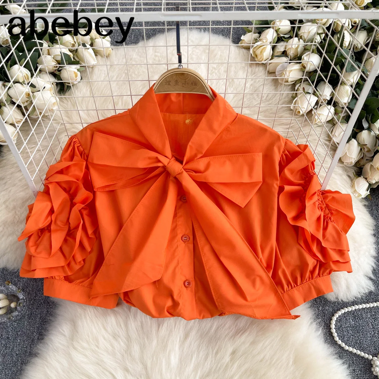 2024 France Chic Women Blouse Bow Collar 3D Flower Short Puff Sleeve Single Breasted Summer Streetwear Gentle OL Loose Tops