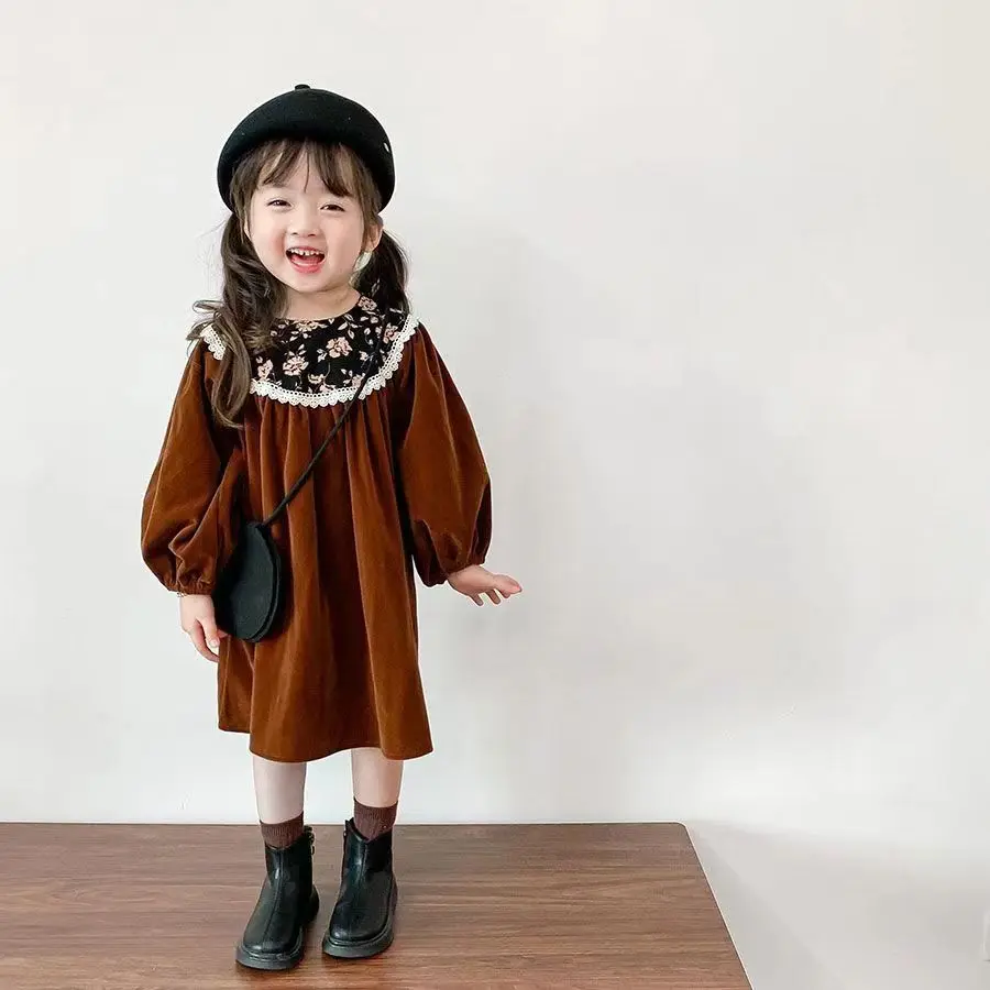 

2025 Baby Girl Retro Dress Spring and Autumn New Fashionable Children's Long Sleeve Floral Princess Skirt