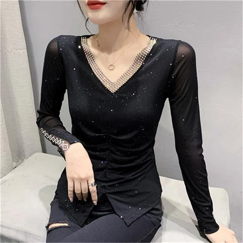 Spring Autumn Fashion Sequins Ruched Sexy V-Neck Hollow Mesh Rhinestone Slim Basic T Shirt Women Elegant Long Sleeve Ladies Tops