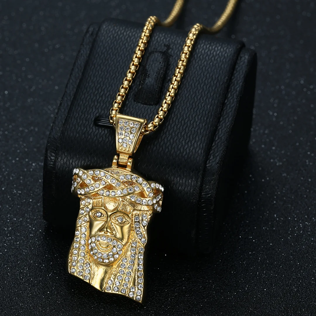 Religious Iced Out Bling Christ Jesus Head Pendant Stainless Steel Cubic Zirconia Christian Necklace for Women Men Jewelry Gift