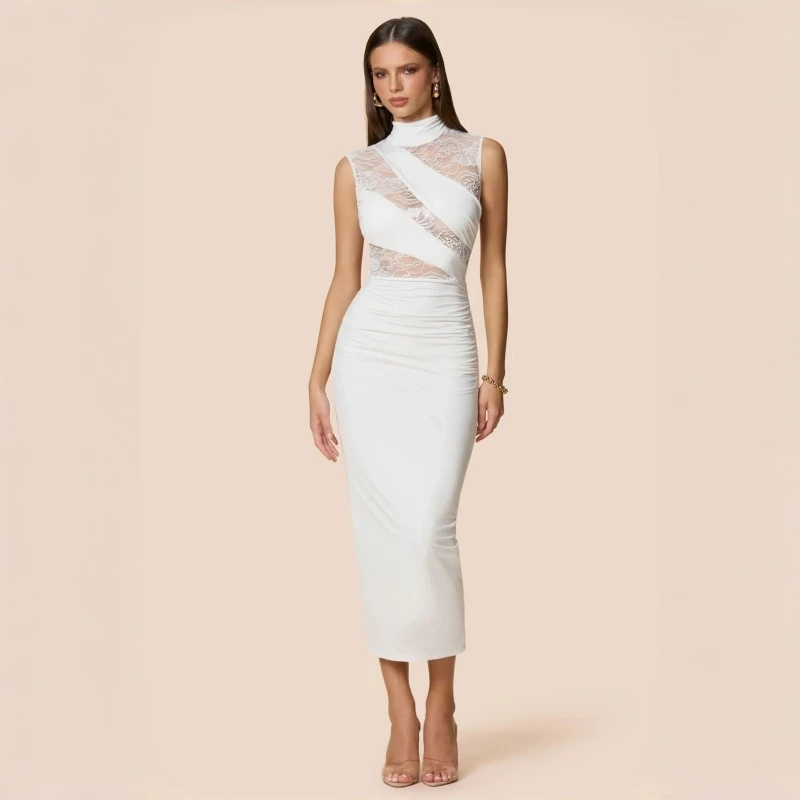 Laces Plicing Hollow High Neck Midi Dress Sheer Panel Bodycon Evening Gown Elegant Wedding Guest Cocktail Party Dress 2026