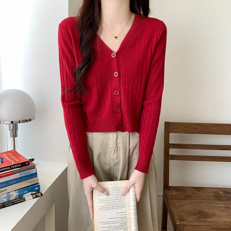 2025 Women Knitted Top Spring Autumn Casual V-Neck Single Breasted Cardigan Simple All-Matched Solid Slim Sweater