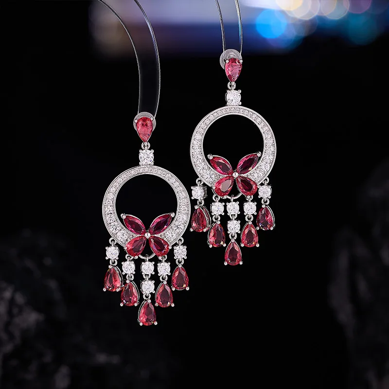 Luxury Cubic Zirconia Sterling Silver Pin Green Butterfly Tassel Dangle Earrings for Women Wedding Engagement Party Jewelry