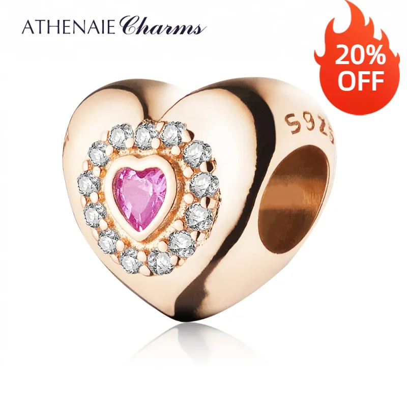 ATHENAIE 925 Silver with Pave Clear CZ Heart Shaped Charm Bead Fit All European Bracelets Color Rose Gold