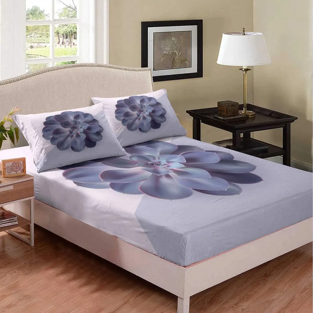 Succulents Fitted Sheet for Kids Teen Women Petal Potted Plants Bedding Set Floral Watercolour Bedclothes King Queen Full Size