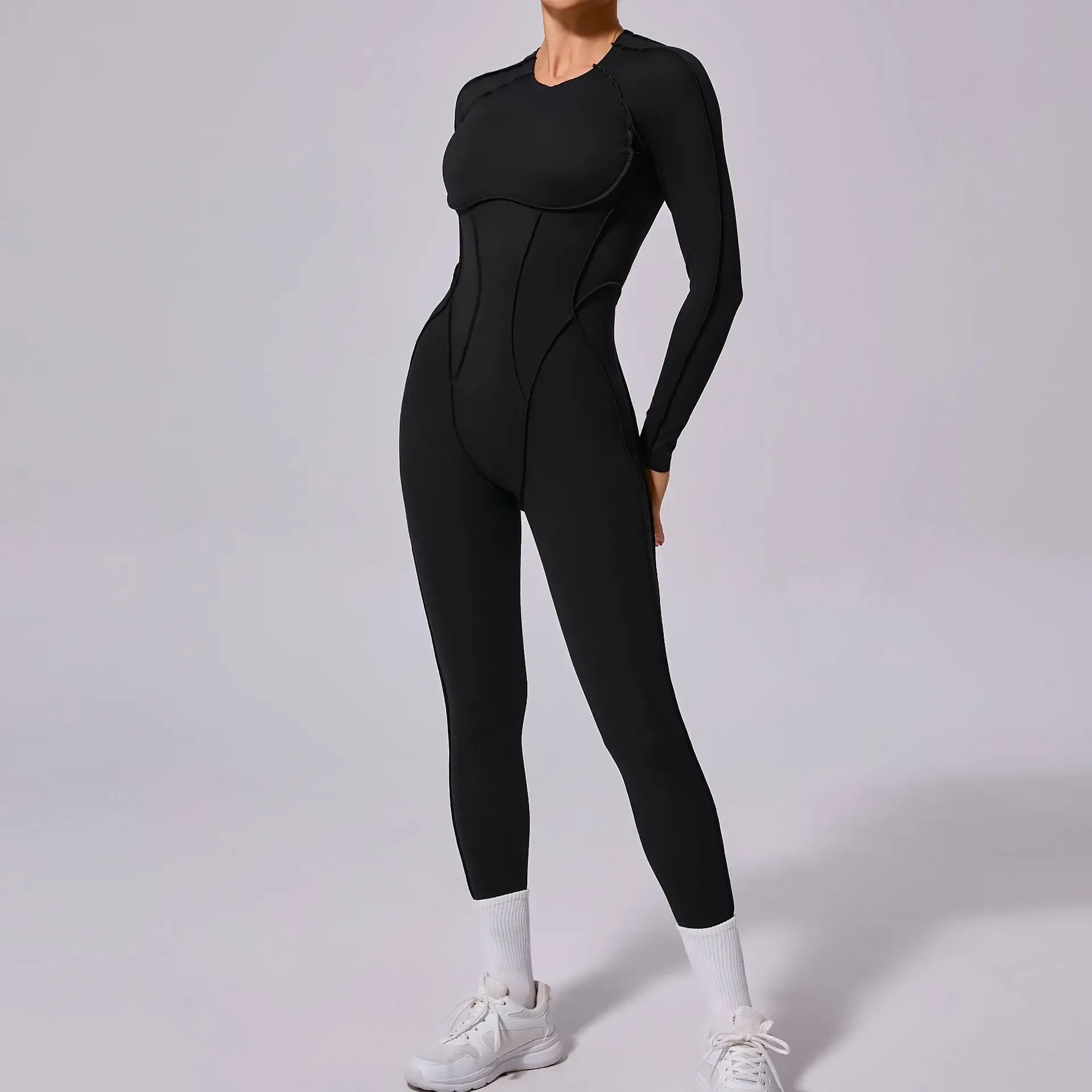 

Seamless Yoga Jumpsuits Sports Fitness Hip-lifting Backless Long-sleeved One-piece Workout Gym Leggings Tracksuits for Women