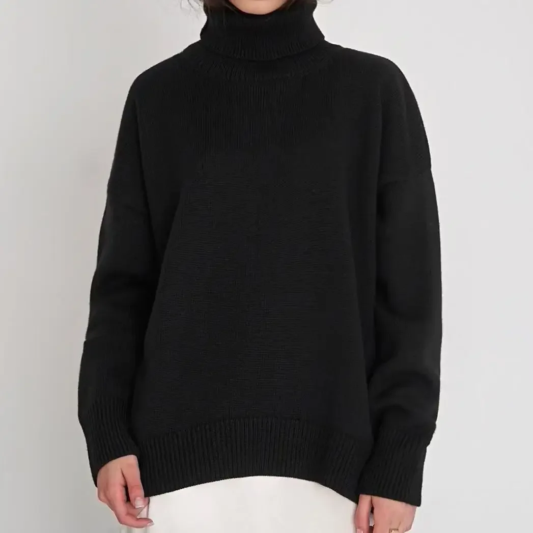 

Comfortable Leisure Commute Style Loose High Collar Solid Color Basic Knitwear Women's Casual Versatile Warm Overhead Sweater