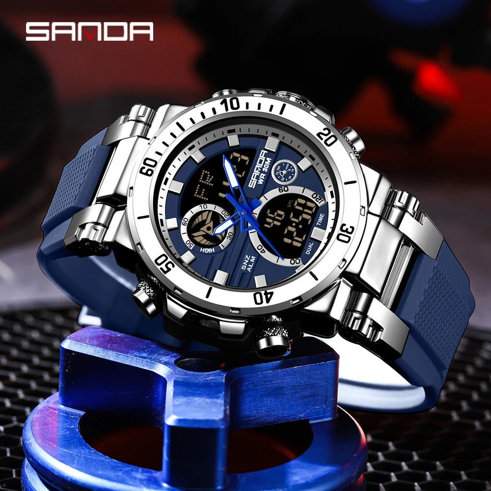 SANDA 6175 Men's Luxury Sports Watches Silicone Band Analog Digital WristWatch Waterproof Alarm Display Quartz men's Watch for