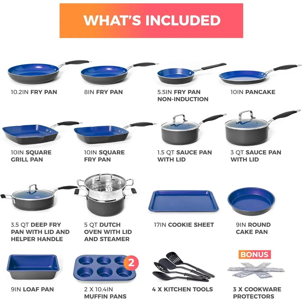 Sapphire UltraClad Kitchen Frying Pots and Pans Set 24pc Nonstick Induction Cooking Cookware Sets