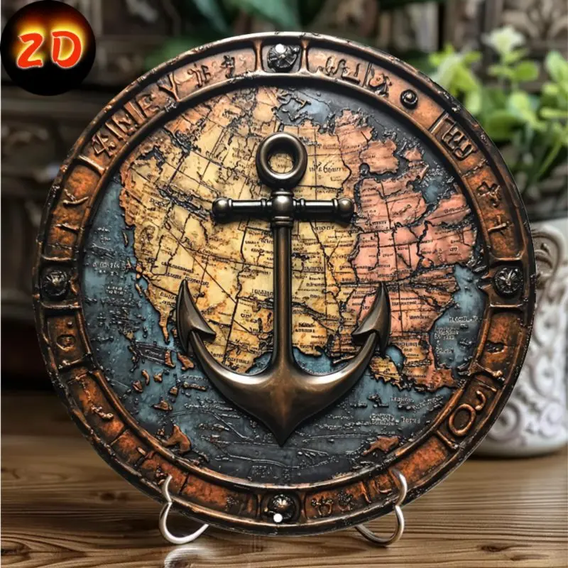 Vintage Nautical Anchor Wall Art, Aluminum Decor with World Map & Compass Design, Perfect for Home, Kitchen, Bar, Garden