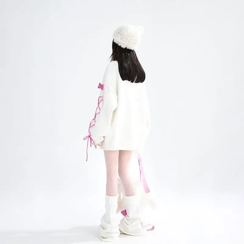 French Bow Design Sense White Knitwear Autumn Winter New Dopamine Tie Up Sweater Women's Sweet Oversized Kawaii Loose Clothing