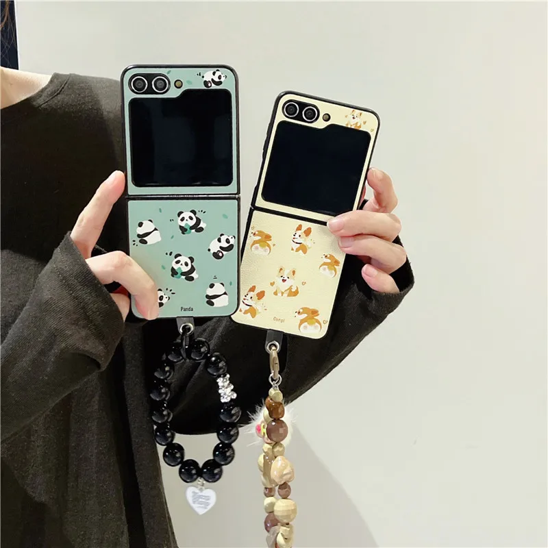 Cartoon Dog Panda Bracelet Phone Cases For Samsung Galaxy Z Flip 3 4 5 Z Flip5 ZFlip5 Leather Shockproof Back Cover